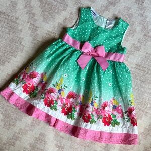 Blueberi Boulevard Floral Polka Dot Toddler Dress with Pink Bow Accent 24M